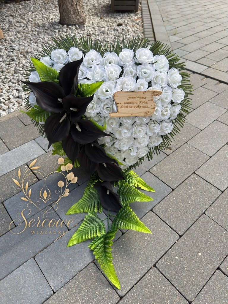 Stroik nagrobny w kształcie serca — Białe LED z czarnymi kaliami